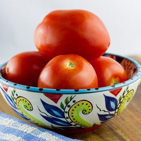 Fresh Rutgers indeterminate tomato seeds from SeedsNow, showing small seed packets with colorful label and tomato illustrations.